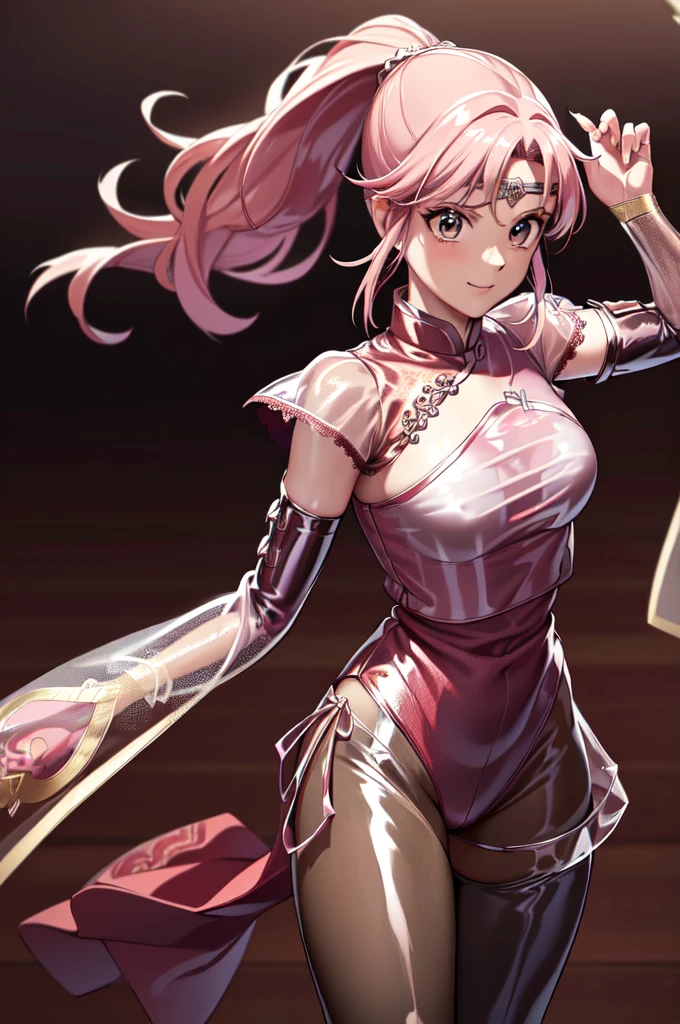 1girl,solo,cowboy shot,standard height,standing,(pink hair:1.2),long hair,ponytail,parted bangs, circlet, headband,(brown eyes:1.2),(beautiful fingers:1.6),(perfect anatomy:1.4),(arms_behind_back:1.6),(cold_shoulder:1.2),(red lace glossy silk lamé china clothes:1.6),(latex luster shiny glossy metallic:1.4),(shiny_clothes:1.4),medium breasts,masterpiece,best quality,(Ultra high definition eyes:1.2),8k,(Beautiful detailed eyes:1.2),(Fine and beautiful eyes:1.2),(pretty eyes:1.2),finely detail,extremely CG, absurdres,high resolution,illustration,Detailed and beautiful outlines,finely detail,high resolution,(colorful refraction:1.4,Increase saturation:1.2),beautiful lighting,dynamic lighting,closed room,black background,simple background, smile,looking at viewer,(white Clear PVC sheets sleeves:1.4),(sheer sleeves:1.4),(see-through sleeves:1.4),(wide sleeves:1.2),(pink thigh boots)