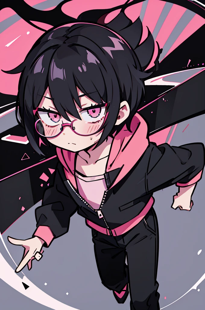 black pants, Sharp image, man, Black hair with pink ends, wearing a pink jacket. , has a dull, bored face, wears round glasses, has short, neat hair,