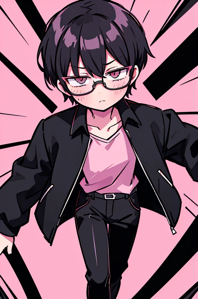 black pants, Sharp image, man, Black hair with pink ends, wearing a pink jacket. , has a dull, bored face, wears round glasses, has short, neat hair,