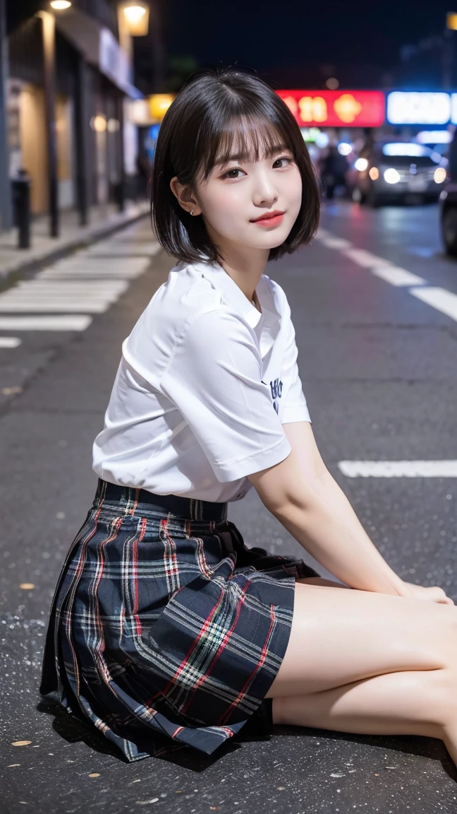 (8k), (highest quality: 1.2), (Realistic), (Realistic: 1.37), Ultra-high resolution, (1 girl), cute, A shy smile, Mouth closed,Red cheeks with embarrassment, Beautiful details, Beautiful Nose, Black short bob hair, bangs,Giant Dulcefo,University Uniforms,(Simple white Y-shirt:1.3),(Pleated skirt:1.2),(The pattern of the skirt is a tartan check pattern:1.3),(Sitting:1), Sitting on the ground in the city at night,(closed up shiny legs:1.2),(From the side),Bring your face closer