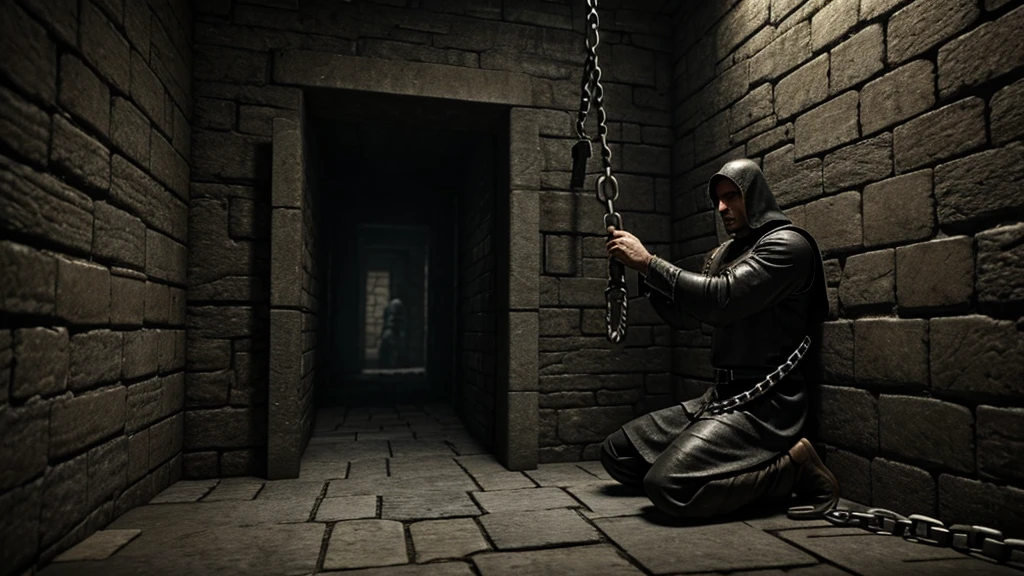 a medieval cell, a chained man kneeling in chains with both hands up tied in chains, cold cell with chains and handcuffs, the walls are made of stone and the atmosphere is calm and gloomy, dungeon, mold on the walls, sinister environment, ultra realistic, 64k. best image, high definition, cinematic, cgi