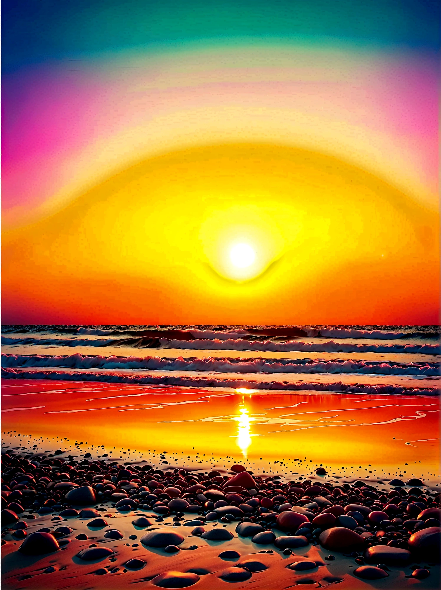 (Dawn sunrise time:1.6)，A clear and peaceful morning sky with a stunning sunrise. The sun has just started to peak over the horizon, its golden rays illuminating the sky in radiant hues of orange and pink. The sun itself appears as an enticing round fireball, its warmth visually perceived through the majestic gradient of colors. Slowly, it starts rising, providing new light and energy to the world below. Vibrant hues of yellow, gold, and red symbolize the life-giving power of the sun. Meanwhile, the remnants of night, the deep purples and blues, still linger on the edges of this beautiful morning tableau, bidding their time to return but for now, celebrating the glory of the majestic sun, The perspective is from a wide-angle view emphasizing the immense scope of the breathtaking landscape filled with natural elements, The image should evoke a sense of drama and magnitude with the effective use of light and shade.