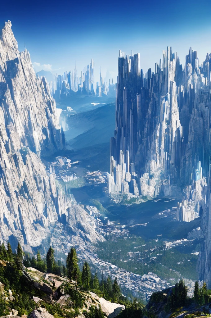 Skyscrapers line the mountain,100 times the height of the building,Huge glacial mountain,Tall skyscrapers,Different world,SF,cyber punk,Best Quality,8K,Future City,Masterpiece,Dream world,夢のFuture City,romantic,perfection,A world beyond imagination,Utopia,Great Heaven