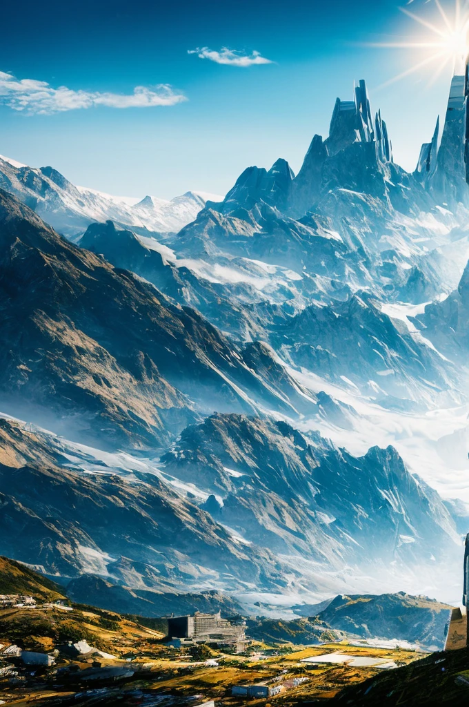 Skyscrapers line the mountain,100 times the height of the building,Huge glacial mountain,Tall skyscrapers,Different world,SF,cyber punk,Best Quality,8K,Future City,Masterpiece,Dream world,夢のFuture City,romantic,perfection,A world beyond imagination,Utopia,Great Heaven