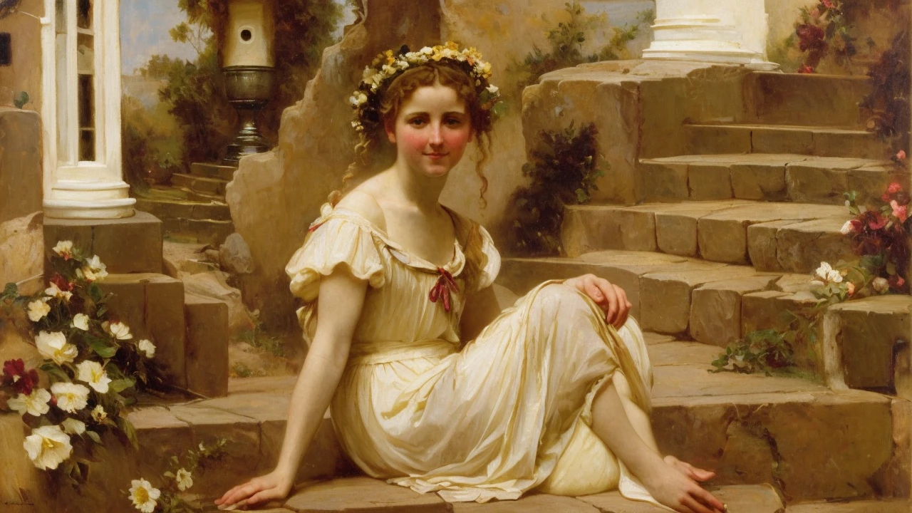 oil on canvas, a beautiful young woman with resemblance to Mckenna Grace sitting , on stone steps of an old lighthouse, smiling and looking at the camera, landscape of an epic afternoon , flowers adorn his head, natural lighting, style of william-adolphe bouguereau