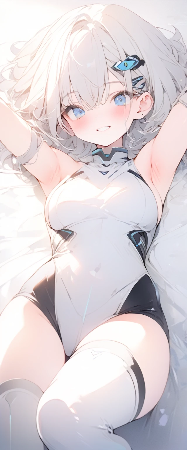 beautiful, masterpiece, Highest quality, anime, One girl, C Cup,Portrait Shot, View your viewers, Covered、Short Hair、nearby、Blue Eyes、art、、White hair,Blue streaked hair、wallpaper、hairpin、Cute smile、Thighs、Sci-fi hair accessories、Sci-fi knee-high boots、Cute、Sci-fi full stockings、blue sky、Leather material、、Beautiful breasts、Lying on your back、Armpit