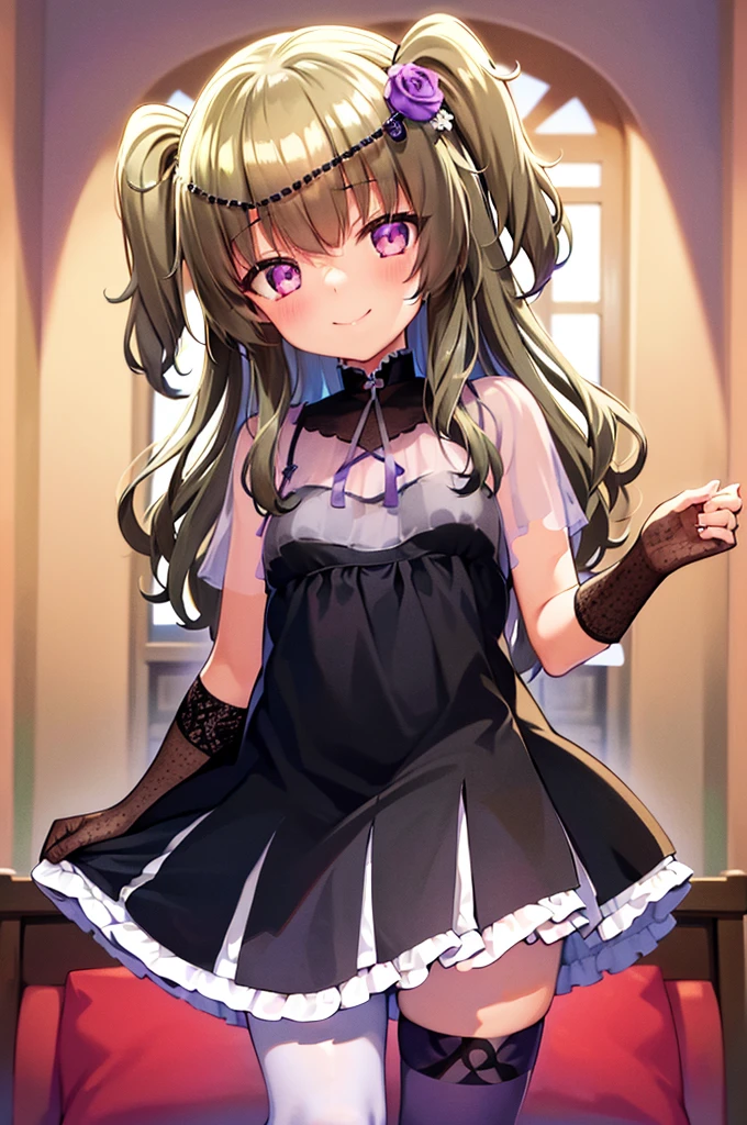 Himari Mei, masterpiece, loli, cute, flat chest, {{{nsfw}}}, black short dress, detailed sparkling and brilliant purple eyes, head tilt, in castle style bedroom, cute and shy smile, {{spread legs wide}}, clearly showing off black panties, thighhigh sox, hold legs up, short skirt, skirt lift