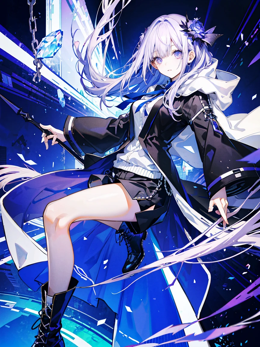 (Fine and beautiful eyes)、long hair，Long, blue-gray hair，目の下にmoleが二つ，Beautiful purple color eyes，Detailed eyes，Detailed face，Large breasts，Black Hoodie、Thin legs，Long black boots、High resolution eyes、Jewel-like eyes、Purple eye、Straight Hair、Minimally revealing clothing、Short, oversized black shorts、Extreme Detail、High resolution、Shining Eyes、mole