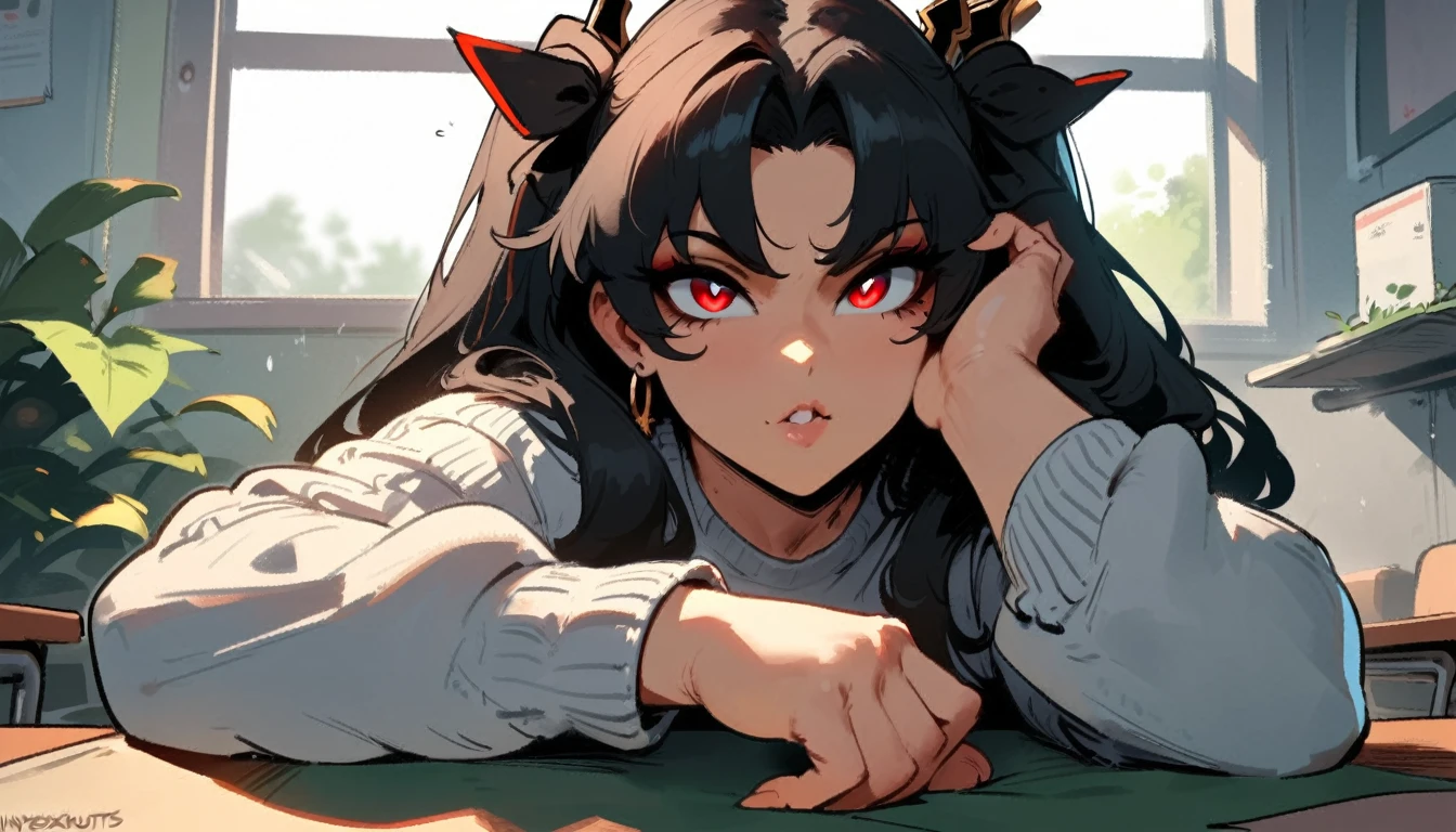 1girl, ishtar \(fate\), fate \(series\) \\\\\ masterpiece, best quality, very aesthetic, absurdres, newest \\\\\\ slim body,///// ,by nyantcha,cutesexyrobutts , by khyle,,////// beautiful face, sexy, red eyes, , at school, windows, greenery, sweater,,at desk, looking at viewer, close-up