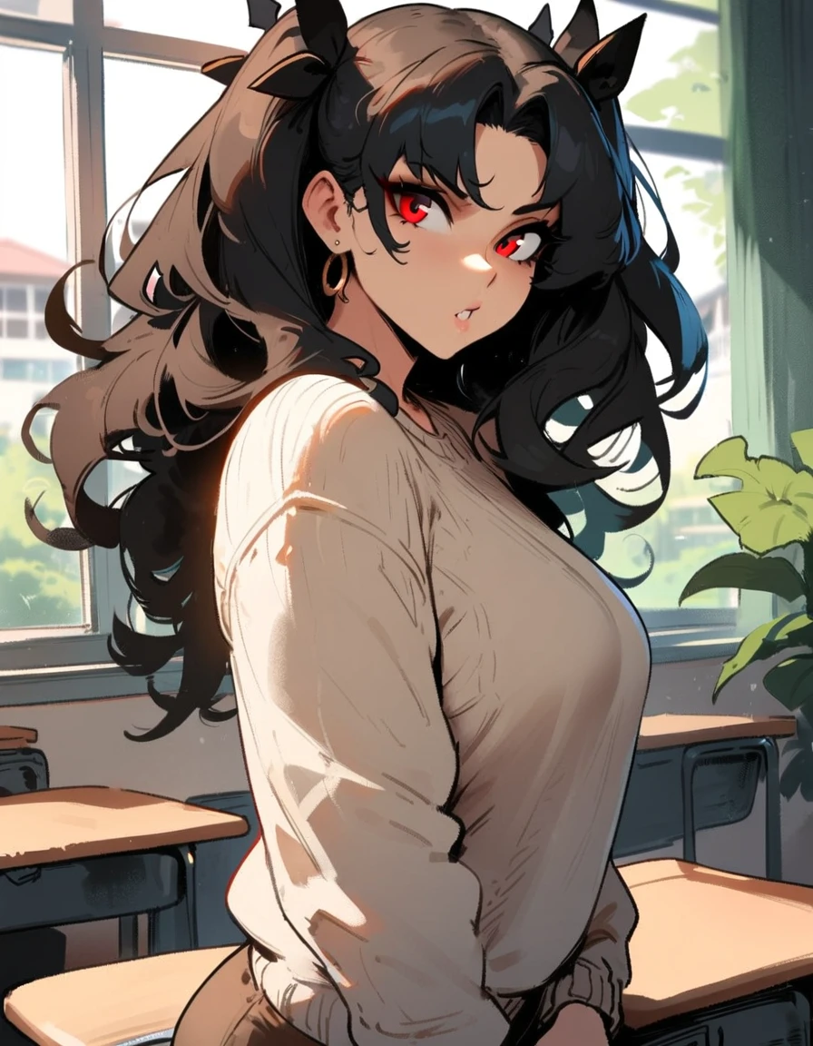 1girl, ishtar \(fate\), fate \(series\) \\\\\ masterpiece, best quality, very aesthetic, absurdres, newest \\\\\\ slim body,///// ,by nyantcha,cutesexyrobutts , by khyle,,////// beautiful face, sexy, red eyes, , at school, windows, greenery, sweater,,at desk, looking at viewer, close-up