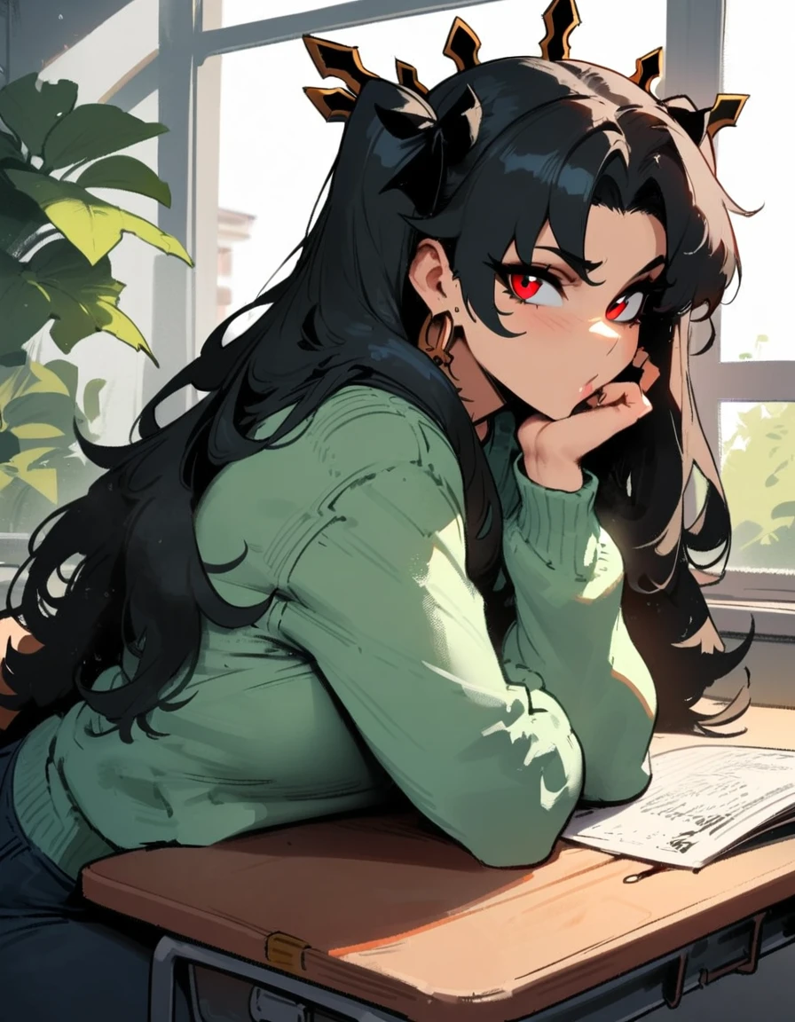 1girl, ishtar \(fate\), fate \(series\) \\\\\ masterpiece, best quality, very aesthetic, absurdres, newest \\\\\\ slim body,///// ,by nyantcha,cutesexyrobutts , by khyle,,////// beautiful face, sexy, red eyes, , at school, windows, greenery, sweater,,at desk, looking at viewer
