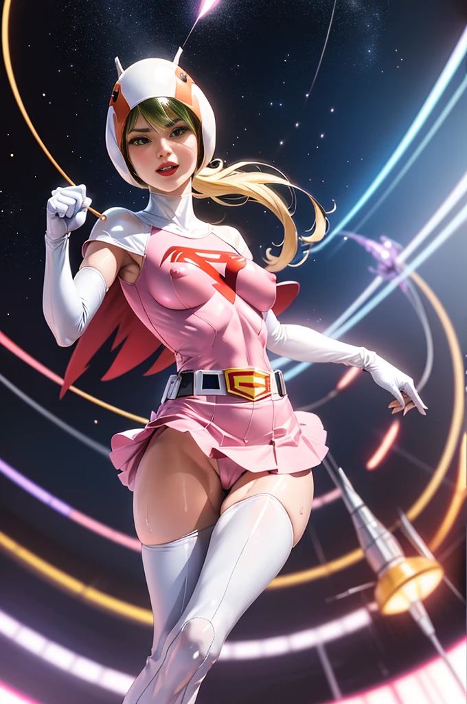 Year_Classic_Jun_Gatchaman_myself,One girl, 18-year-old,Excellent anatomy, masterpiece, Highest quality,Realistic, hyperRealistic, 16k hdr,
Long Hair,chest,Green Eyes,lips,large chest,lipstick,compensate,gloves,Cape,Helmet,belt,elbow gloves,white gloves,mask,Ultra mini skirt,leotard,Spacesuit,White legwear,Pink Dress,Superhero,Bodysuits,chestの谷間,Erect nipples,(Fighting Pose,Kick:1.3),From below,(Spread your legs:1.1),Camel Toe,Sweat,smile,Spaceship,Nipples are visible through the,Raise your hand