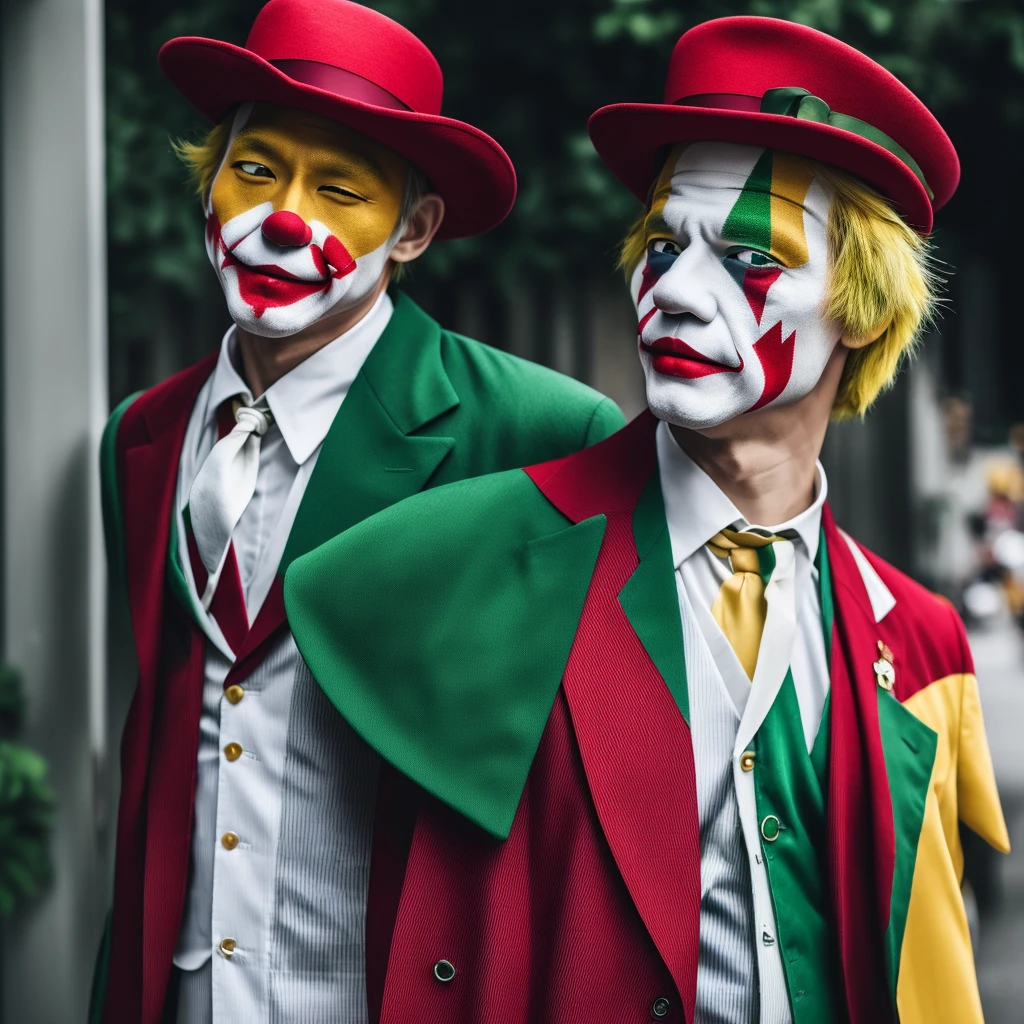 hair is yellow,The hat is striped in three colors,No green,Realな人間,Illustration is different,clown,Joker,顔whiteい,Cross painted on eyes,Yellow hair,Three-color hat(red,green,white),whole body,4K,high resolution,uncle,Real,Real Humans,Man in his 40s,帽子はwhiteとgreenとredのストライプ,Star-patterned clothing,whiteの手袋,口に大きくredいペイント,帽子はwhiteとredとgreen,whole bodyはgreenとredとwhite,No green