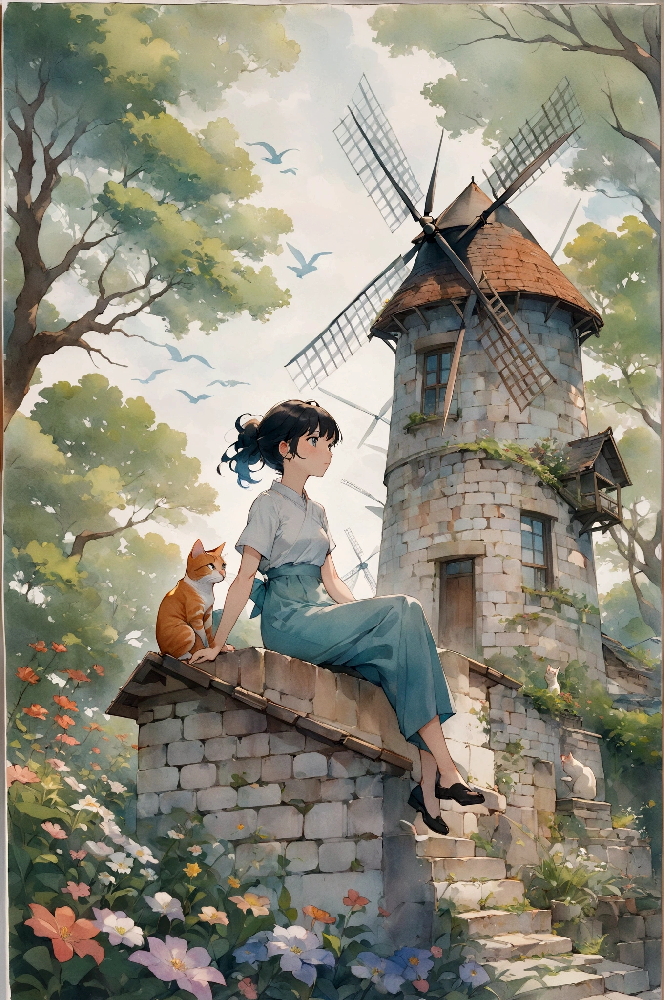 painting of a woman sitting on a wall with a cat and a windmill, artgerm and atey ghailan, studio ghibli artstyle, studio ghibli. artgerm, ghibli studio art, makoto shinkai and artgerm, studio glibly makoto shinkai, by Yoshihiko Wada, studio ghibli art style, ghibli artstyle, guweiz