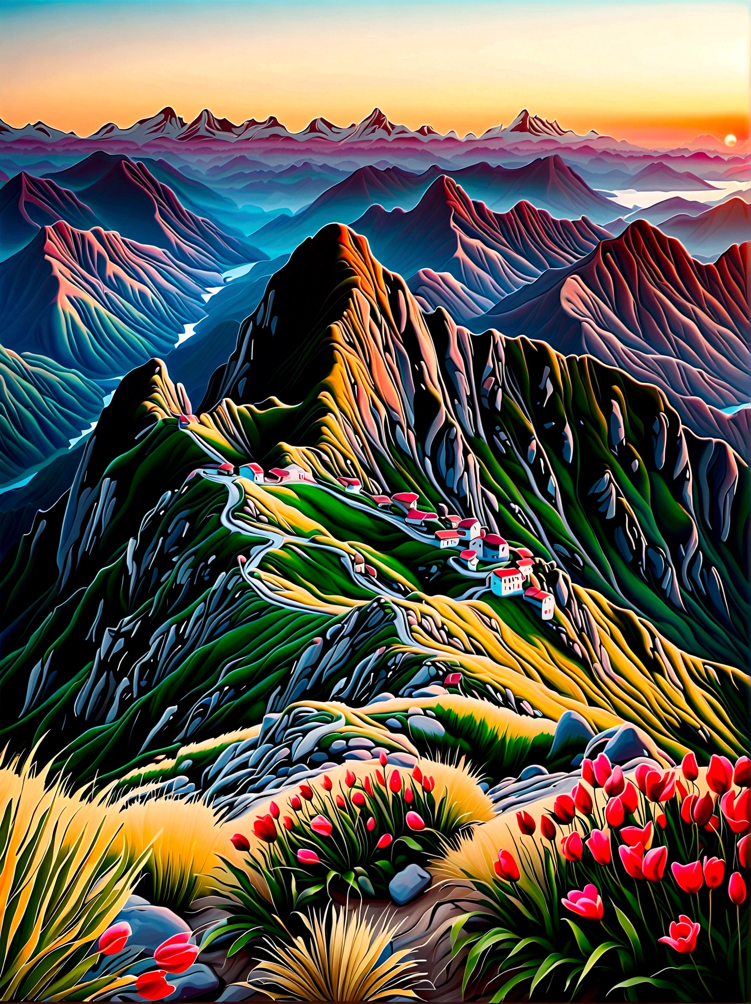 (Sunrise Time:1.6), An expressive image that captures the emotion of an adventure filled with heartfelt moments. Imagine a scene where a group of explorers of various descents and genders experiencing a beautiful sunrise after a tough hike. They are standing at the mountain peak, their faces glow with joy and satisfaction. They are closer than ever, their bond forged by shared hardships and little victories. In the background, the rising sun casts a warm, golden light on the surrounding landscape, painting an exquisite picture of natural beauty and tranquility. There is a sense of accomplishment and deep connection between the adventurers, a moment they will cherish forever