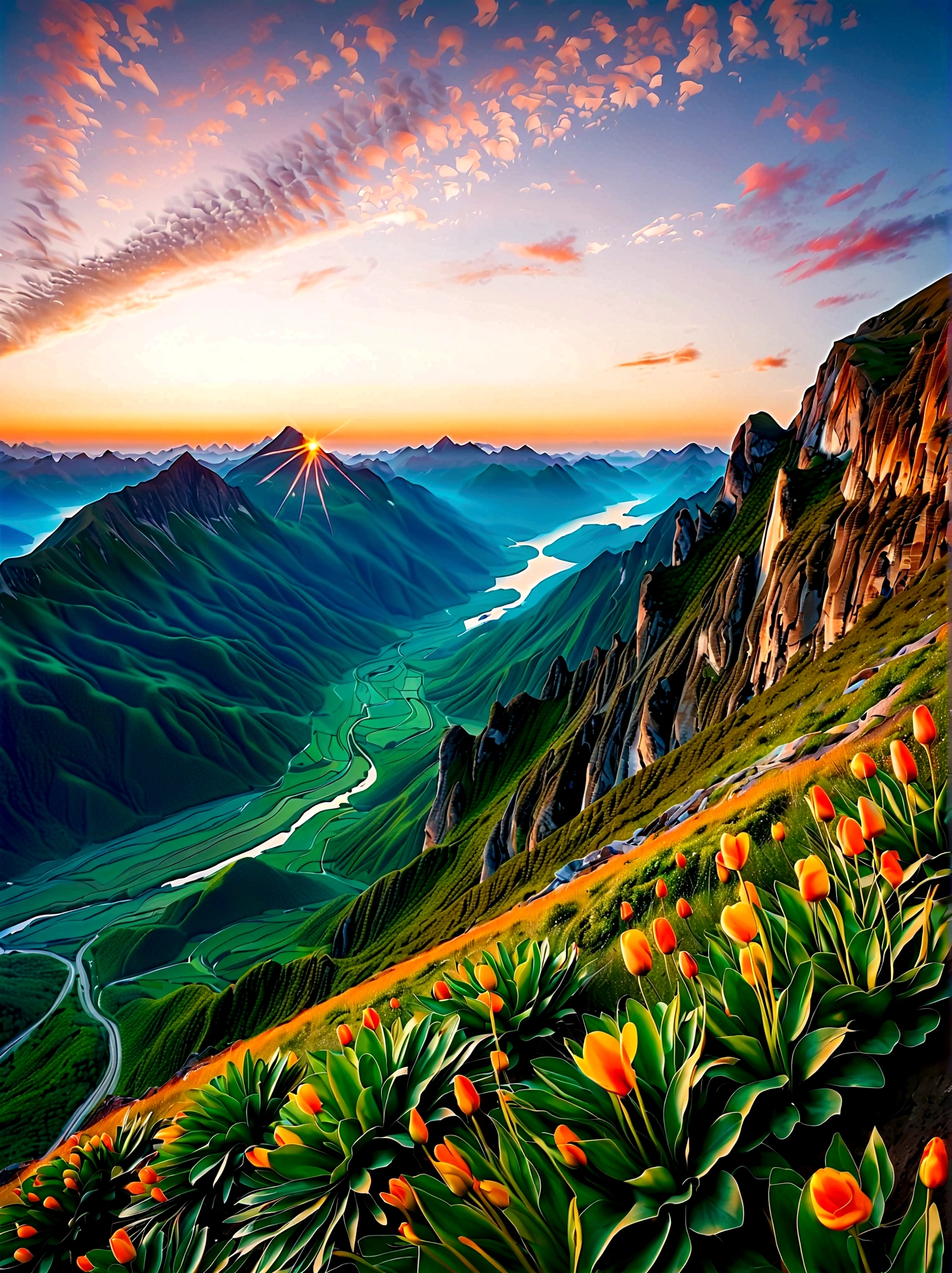 (Sunrise Time:1.6), An expressive image that captures the emotion of an adventure filled with heartfelt moments. Imagine a scene where a group of explorers of various descents and genders experiencing a beautiful sunrise after a tough hike. They are standing at the mountain peak, their faces glow with joy and satisfaction. They are closer than ever, their bond forged by shared hardships and little victories. In the background, the rising sun casts a warm, golden light on the surrounding landscape, painting an exquisite picture of natural beauty and tranquility. There is a sense of accomplishment and deep connection between the adventurers, a moment they will cherish forever
