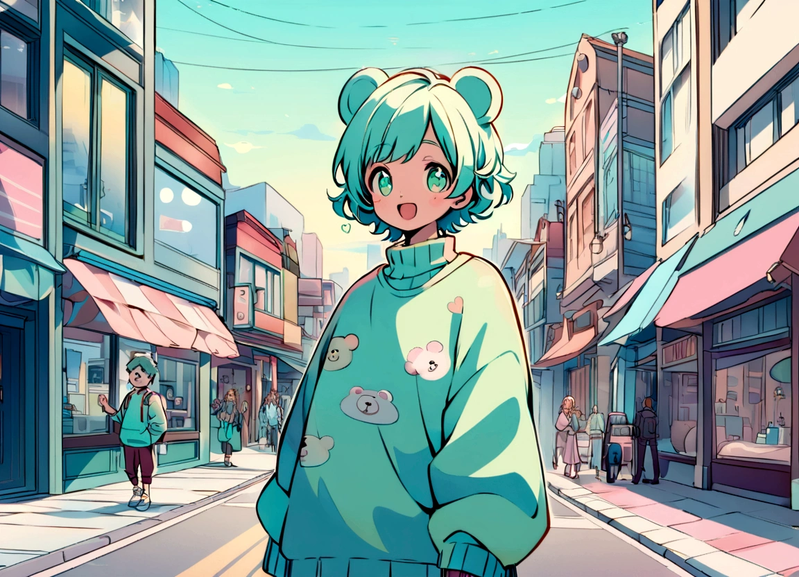 "Create a digital illustration of an excited boy standing in the heart of a busy city street. He is dressed in a loose, oversized light green sweater with adorable heart and bear designs on it. His hair is styled in a playful, messy fashion. The boy is holding a camera and smiling joyfully. The background should showcase a dynamic urban scene with tall buildings, storefronts, and cars on the road, using pastel colors and light tones. The overall art style should be light and whimsical, with a focus on soft green and pastel hues to match the boy's outfit and the cityscape."