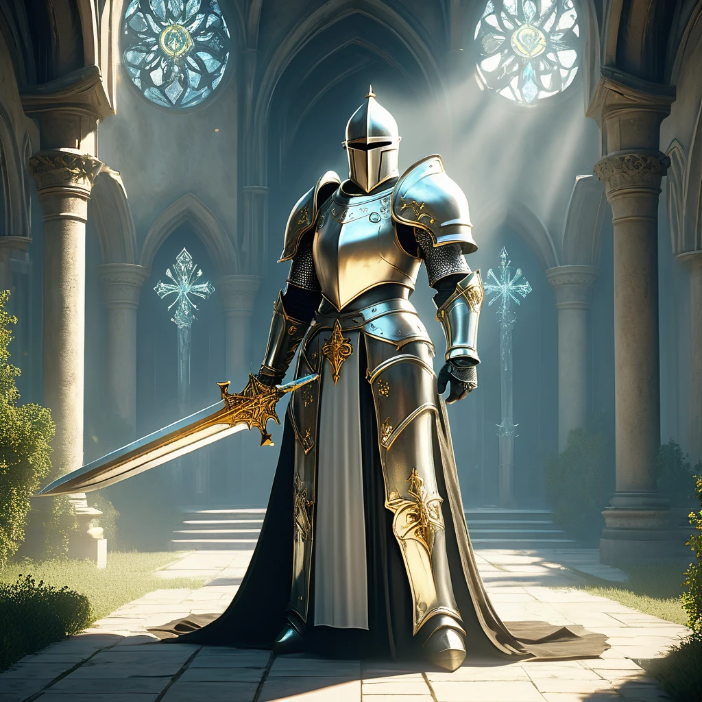 Visualize a medieval fantasy holy knight paladin standing resolute in the midst of a serene, sacred glade. Clad in gleaming, silver armor adorned with golden inlays and divine symbols, the paladin exudes an aura of righteous power and unwavering faith. In one hand, they grip a radiant sword, its blade shining with a holy light that seems to banish the surrounding shadows. The hilt is intricately designed, featuring a cross-guard embedded with precious gems that pulse with divine energy. In the other hand, the paladin holds a shield emblazoned with the emblem of their order, symbolizing protection and justice. The serene backdrop of the glade, with its ancient trees and gently glowing flora, enhances the sense of peace and sanctity. Capture the essence of valor and piety as this holy knight stands ready to defend the realm against the forces of darkness in a medieval fantasy world."