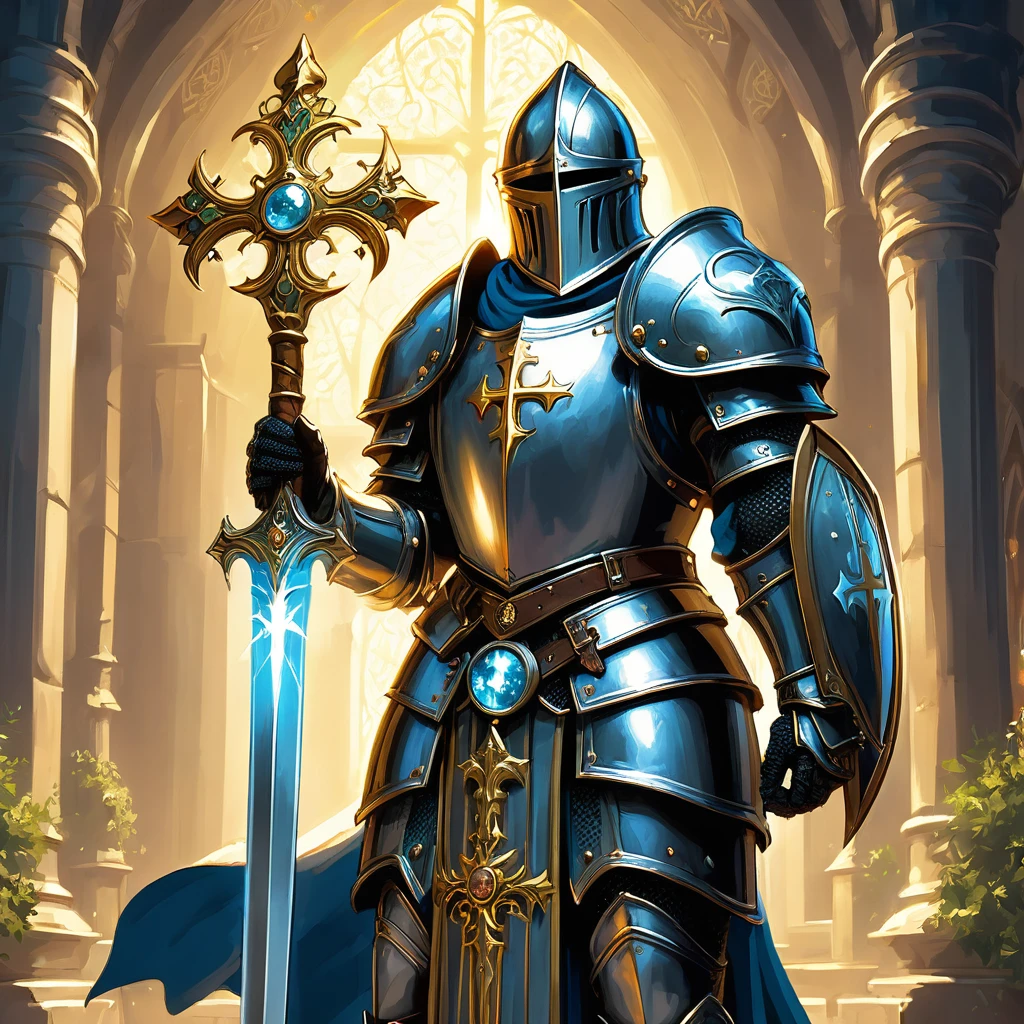 Visualize a medieval fantasy holy knight paladin standing resolute in the midst of a serene, sacred glade. Clad in gleaming, silver armor adorned with golden inlays and divine symbols, the paladin exudes an aura of righteous power and unwavering faith. In one hand, they grip a radiant sword, its blade shining with a holy light that seems to banish the surrounding shadows. The hilt is intricately designed, featuring a cross-guard embedded with precious gems that pulse with divine energy. In the other hand, the paladin holds a shield emblazoned with the emblem of their order, symbolizing protection and justice. The serene backdrop of the glade, with its ancient trees and gently glowing flora, enhances the sense of peace and sanctity. Capture the essence of valor and piety as this holy knight stands ready to defend the realm against the forces of darkness in a medieval fantasy world."