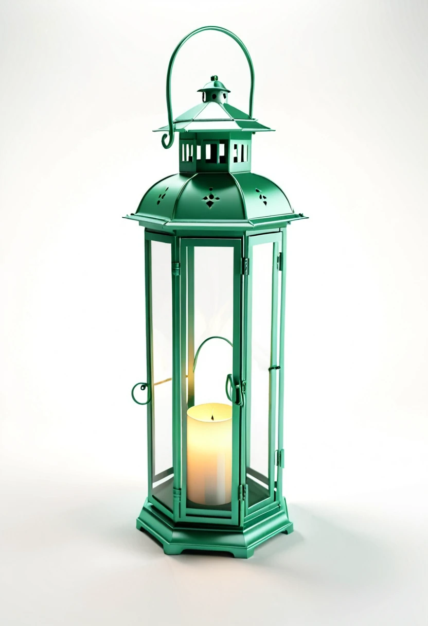 a lantern, on white background, high-angle photo, soft light, 3d render, wide angle shooting, raw