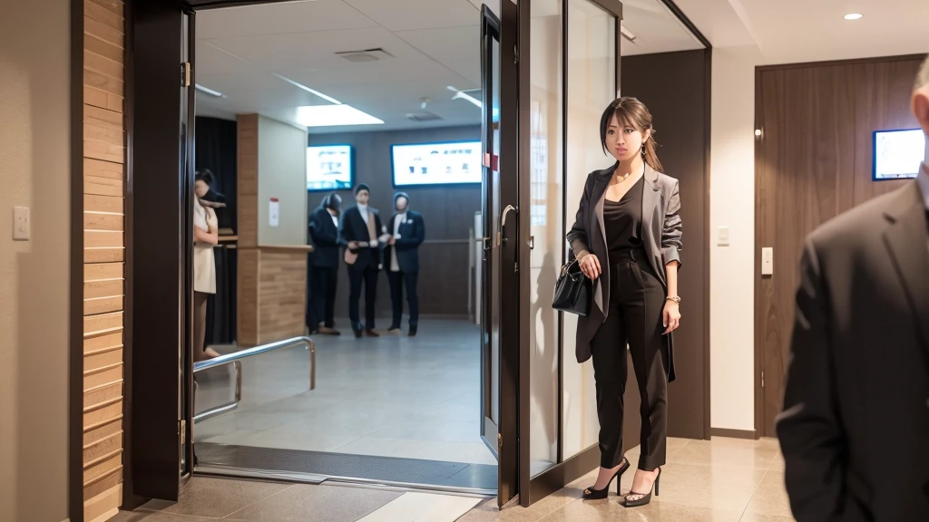 At the venue where the party is being held、A woman stands there, unable to join in the conversation