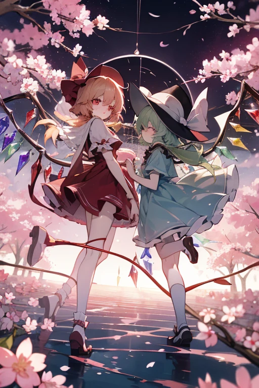 Please draw Flandre Scarlet and Komeiji Koishi。
Please make sure they are both in front of the cherry blossom tree.。