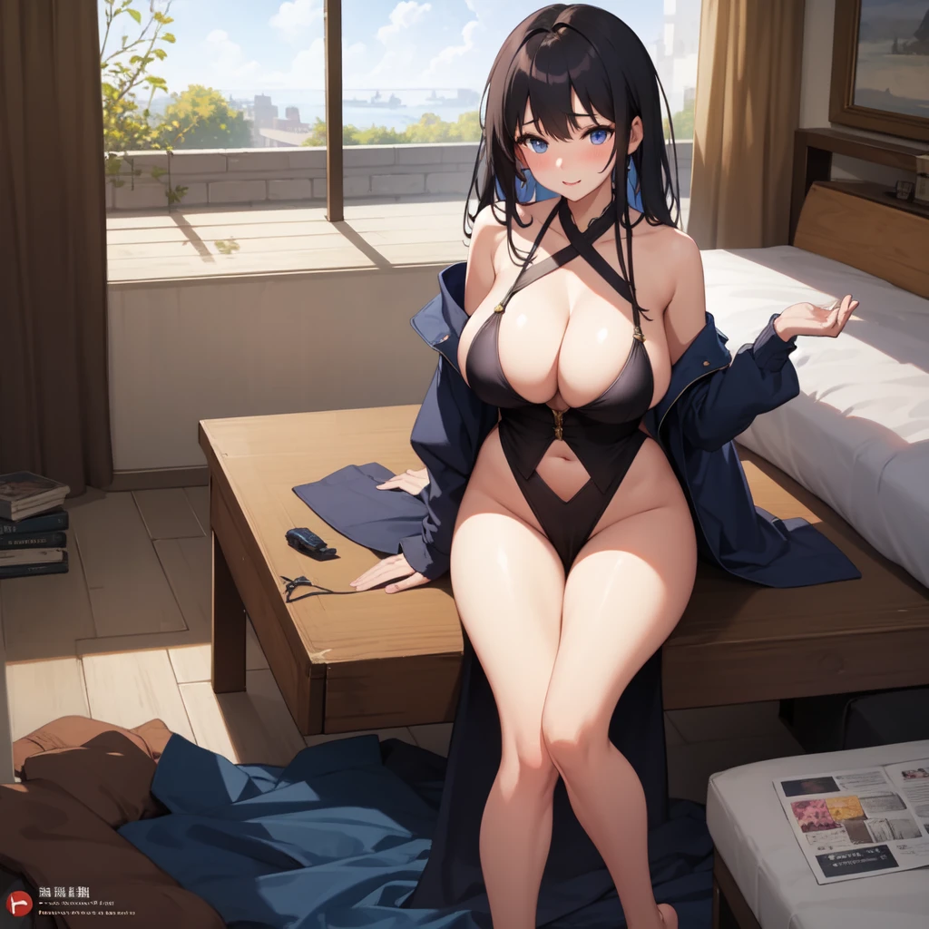 Highest quality、Ultra-high resolution、Fantasy、roleplaying game、A girl with big breasts and no clothes on looks embarrassed on her bed