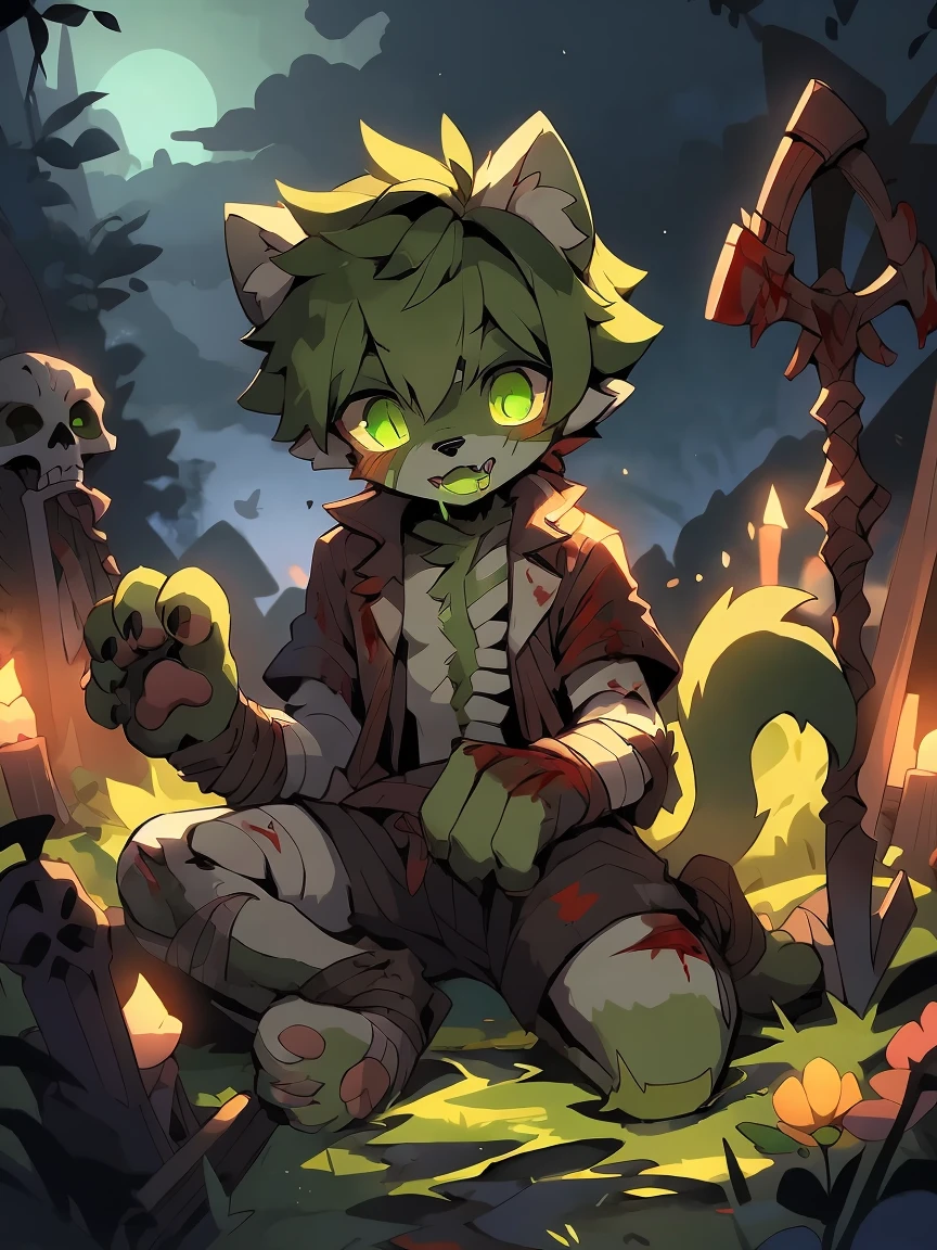 masterpiece, best quality, Soft lighting, Intricate details, Soft lines, 16K,night,shadow,Dark Environment, my own, toy doll,Wolf Boy,Shota,hero,Both,hero Bothe,Undead,Body remnants,skeleton,Huge Wound,Fangs,Black and fluorescent green hues,Paw pads,Wound,Fluorescent green blood,Blood,Green tongue,green saliva,Corpse,Ragged clothes,Dirty bandages,Plush paw,Paw pads,Fluorescent green pickaxe dyes,Green slime,grave,funeral home