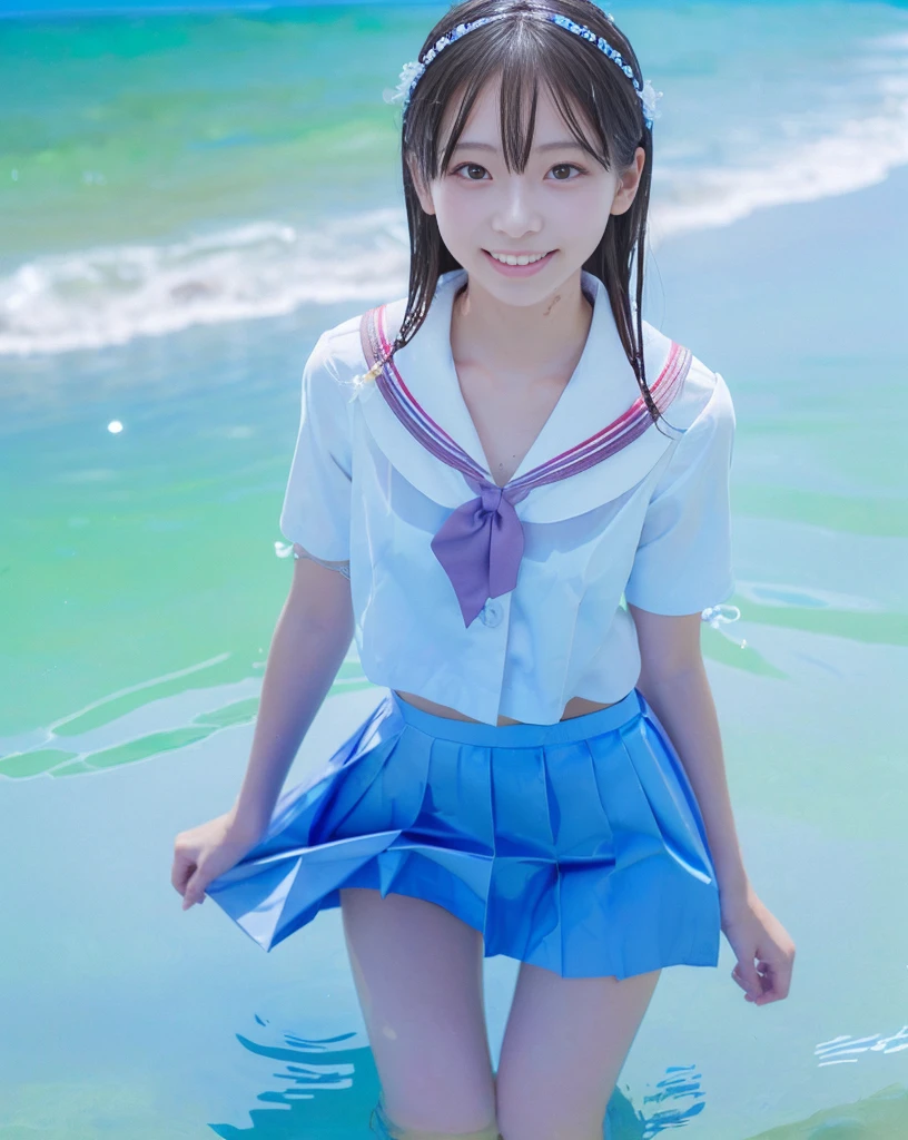(NFSW)、(High resolution:1.5)、Highest quality,Very detailed,masterpiece,Super detailed,alone,(One 12 year old girl),((Summer School Uniforms:1.5)), Seraphim, ((skirt:1.5)), smile, Thigh fetish images: 1.5、(((barefoot)))、(Her thighs and white bikini reflected in the clear blue water)、(reflected in water:1.5)、((I can see the white string panties:1.5))、(Cleavage)、((Clear blue seawater))、Summer sun、はしゃいだsmile、Beautiful Eyes、(pull-out-panties)、(Panties on knees)、Big necklace and tiara、The water is marine blue、(((Glossy thighs)))