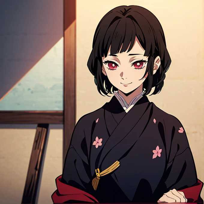 Kimetsu no yaiba style best quality 0.8,beautiful Dark hair. short hair (short above the shoulders) . Young woman with detailed red eyes (red eyes) dull and sad detailed. droopy eyes. warm face, his face has dirt, foreground. katana. smile,happy. (Alone) (in a training camp) (wooden katana) (sunny day) smiling kindly. foreground (detailed face) (Women) (famale) greeting someone with a smile, embarrassed face, slightly blushing, shy (Shy attitude) trying to hide their face out of embarrassment