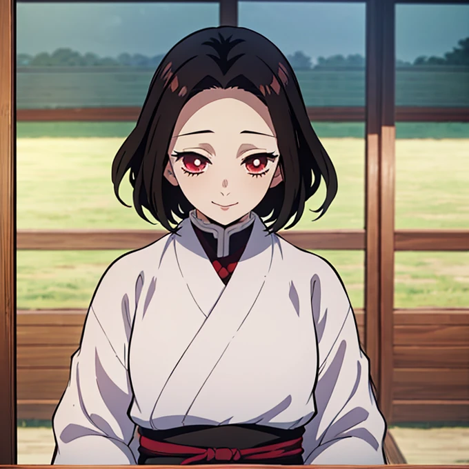 Kimetsu no yaiba style best quality 0.8,beautiful Dark hair. short hair (short above the shoulders) . Young woman with detailed red eyes (red eyes) dull and sad detailed. droopy eyes. warm face, his face has dirt, foreground. katana. smile,happy. (Alone) (in a training camp) (wooden katana) (sunny day) smiling kindly. foreground (detailed face) (Women) (famale) greeting someone with a smile, embarrassed face, slightly blushing, shy (Shy attitude) trying to hide their face out of embarrassment