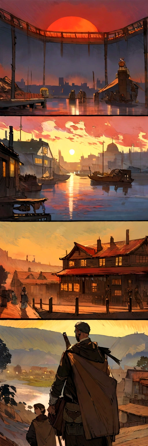 Impressionism, Childe Hassam, Ramon Casas, John Atkinson Grimshaw, Frederic Remington, Red sun light, scenery, sunset, city,