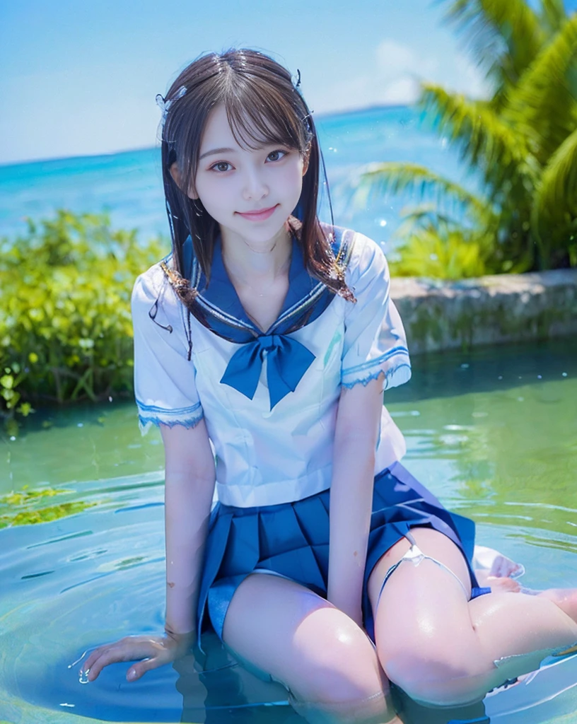 (NFSW)、(High resolution:1.5)、Highest quality,Very detailed,masterpiece,Super detailed,alone,(One 12 year old girl),((Summer School Uniforms:1.5)), Seraphim, ((skirt:1.5)), smile, Thigh fetish images: 1.5、(((barefoot)))、(Her thighs and white bikini reflected in the clear blue water)、(reflected in water:1.5)、((I can see the white string panties:1.5))、(Cleavage)、((Clear blue seawater))、Summer sun、はしゃいだsmile、Beautiful Eyes、(pull-out-panties)、(Panties on knees)、Big necklace and tiara、The water is marine blue、(((Glossy thighs)))