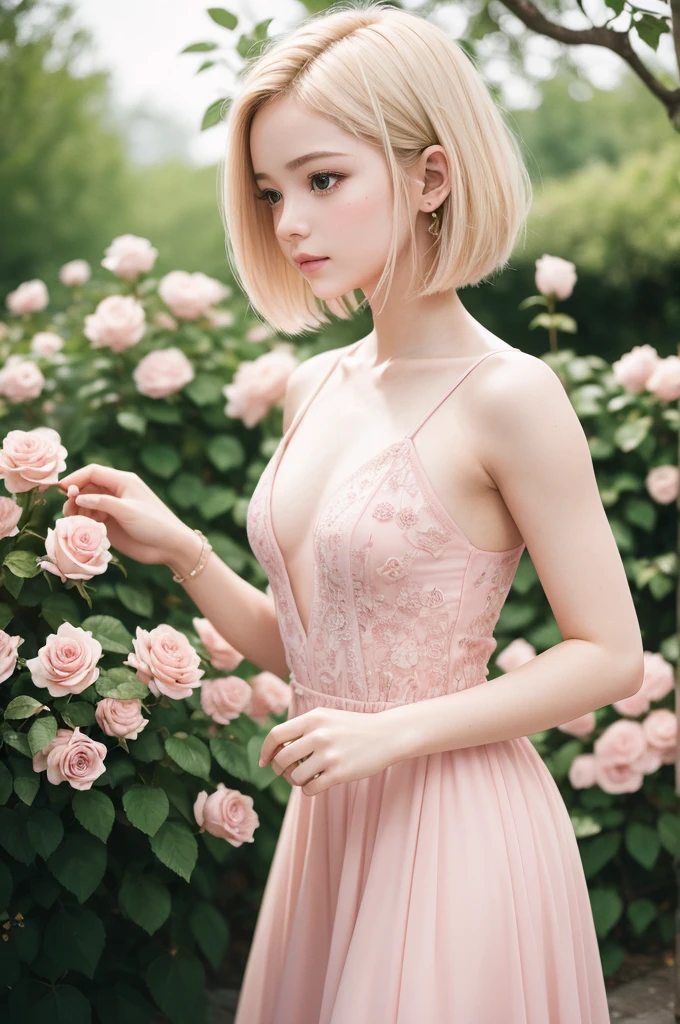 8K, CRU photo, Fujifilm, style photo of a beautiful young woman like Avril in a light pink rose garden (highly detailed skin: 1.2) Style-Petal BREAK short hair, blonde hair with colored highlights, wearing a dress, film grain, 35mm, cute style
