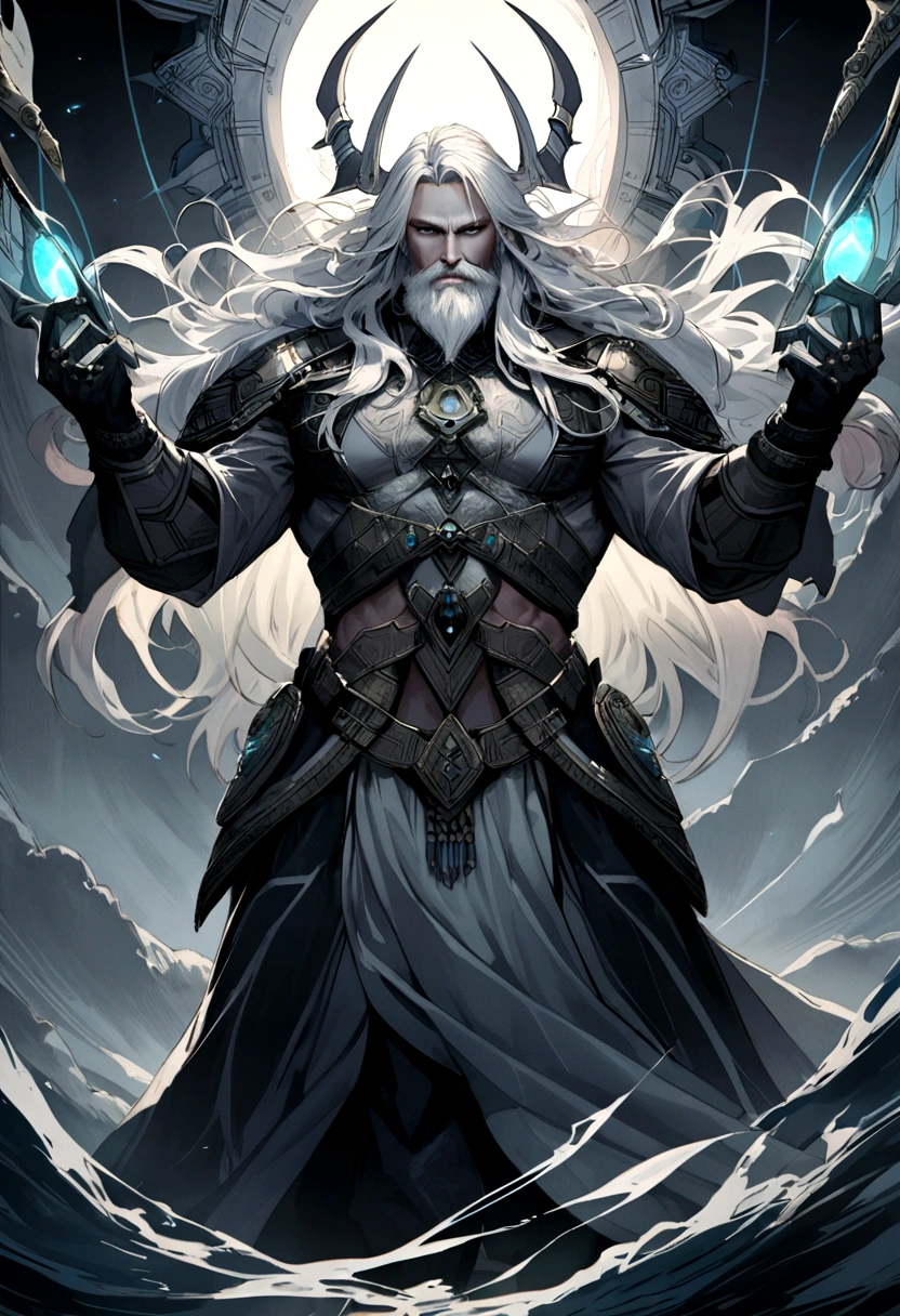 Futuristic Viking God with 2 divine axes in each hand a beard and long hair fighting the darkness