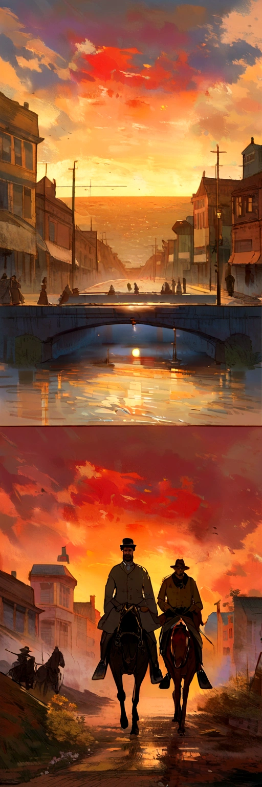 Impressionism, Childe Hassam, Ramon Casas, John Atkinson Grimshaw, Frederic Remington, Red sun light, scenery, sunset, city,