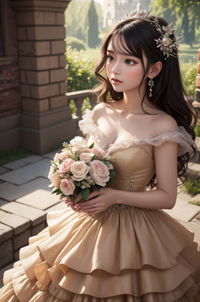 oil_painting-like, Visible brushstrokes, Woman, wearing fairytale-inspired ball gowns with cascading layers and ruffles, (stone, Argilla, brick palette), work of art, 8K, high resolution, Shallow depth of field, sharp focus