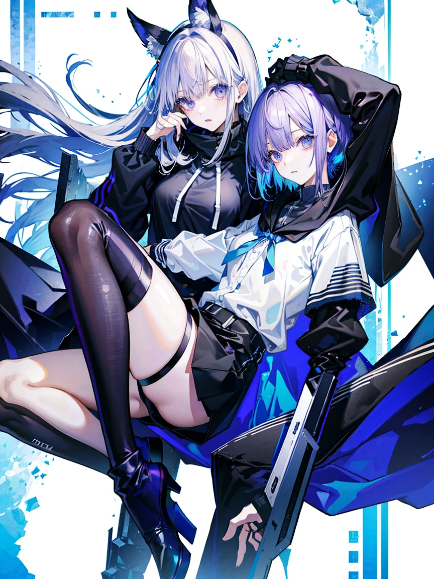 (Fine and beautiful eyes)、long hair，Long, blue-gray hair，目の下にmoleが二つ，Beautiful purple eyes，Detailed eyes，Detailed face，Large breasts，Black Hoodie、Thin legs，Long black boots、High resolution eyes、Jewel-like eyes、Straight Hair、Minimally revealing clothing、Short, oversized black shorts、Extreme Detail、High resolution、Shining Eyeole