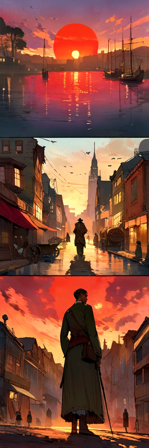 Impressionism, Childe Hassam, Ramon Casas, John Atkinson Grimshaw, Frederic Remington, Red sun light, scenery, sunset, city,