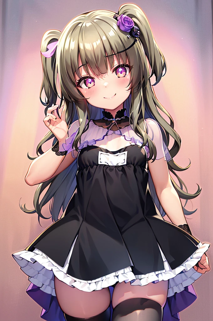 Himari Mei, masterpiece, loli, cute, flat chest, {{{nsfw}}}, black short dress, detailed sparkling and brilliant purple eyes, head tilt, in castle style bedroom, cute and shy smile, {{spread legs wide}}, clearly showing off black panties, thighhigh sox, hold legs up, short skirt, skirt lift