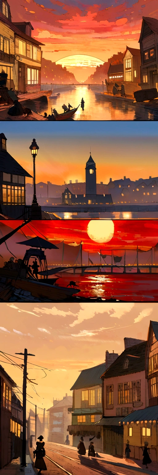 Impressionism, Childe Hassam, Ramon Casas, John Atkinson Grimshaw, Frederic Remington, Red sun light, scenery, sunset, city,