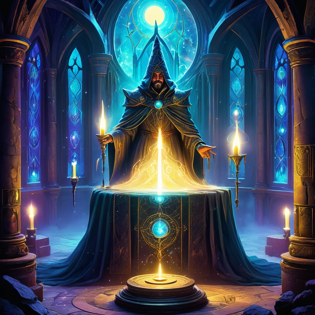 Imagine a medieval wizard standing at the apex of a towering stone spire, surrounded by arcane tomes and mystical artifacts. The room is dimly lit, with the flickering glow of enchanted candles casting dancing shadows on the walls adorned with ancient runes and magical symbols. The wizard, clad in flowing robes embroidered with celestial patterns, holds a staff topped with a glowing crystal that pulses with otherworldly energy. Around the room, enchanted objects levitate gently—quills scribbling in dusty grimoires, glowing orbs floating in mid-air, and potions bubbling with vibrant colors. The tower's high, arched windows offer a breathtaking view of the night sky, filled with twinkling stars and a glowing moon, further enhancing the mystical atmosphere. Capture the essence of wisdom and arcane power as the wizard prepares to weave powerful spells and delve into the mysteries of the medieval fantasy world."