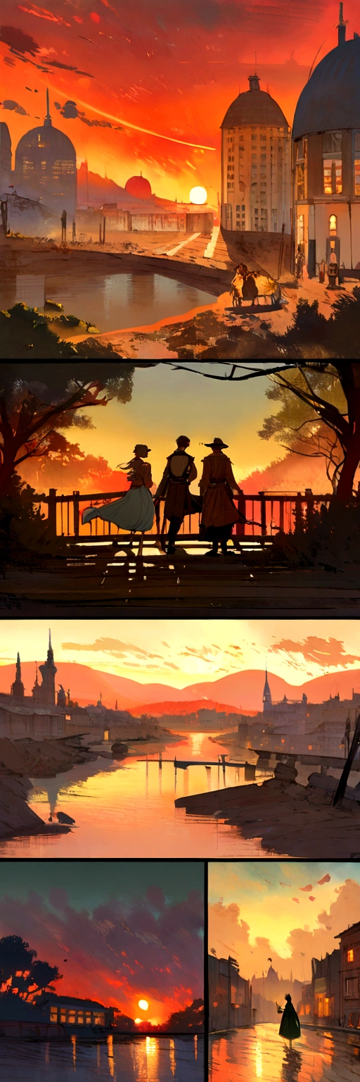 Impressionism, Childe Hassam, Ramon Casas, John Atkinson Grimshaw, Frederic Remington, Red sun light, scenery, sunset, city,
