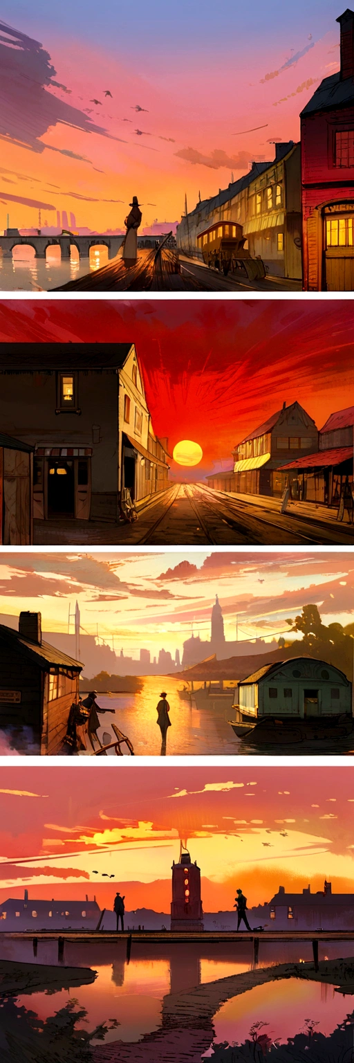 Impressionism, Childe Hassam, Ramon Casas, John Atkinson Grimshaw, Frederic Remington, Red sun light, scenery, sunset, city,