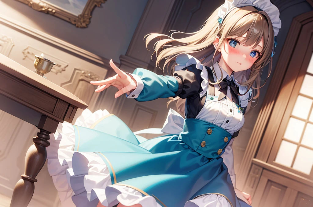 masterpiece, best quality,1girl, solo,whtie hair,medium hair,blue eyes,long sleeves,juliet sleeves,apron,maid,maid headdress,puffy sleeves,green dress,vest,buttons, white thighhighs,standing, looking at viewer, nose blush,