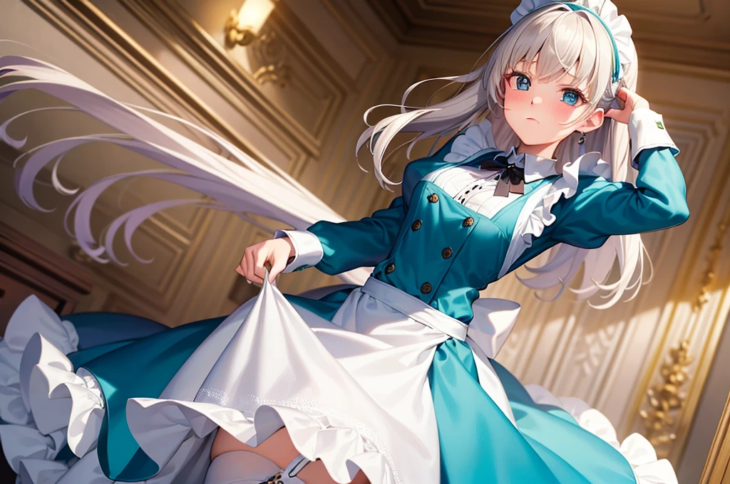 masterpiece, best quality,1girl, solo,whtie hair,medium hair,blue eyes,long sleeves,juliet sleeves,apron,maid,maid headdress,puffy sleeves,green dress,vest,buttons, white thighhighs,standing, looking at viewer, nose blush,