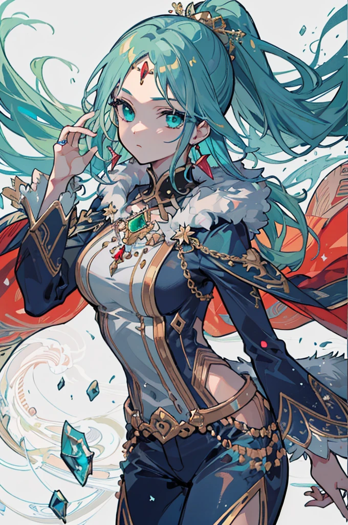 1girl, solo, looking at viewer, cowboy shot, standing, expressionless, long hair, ponytail, long sideburns, (forehead jewel), hair ornament, (white background), jewelry, (cyan eyes), jewelry earrings, ((emerald hair)), particles, jewelry ornament, pants, long-sleeves, cape, fur trim, (masterpiece), (best quality), (ultra-detailed), (illustration:1.2), (perfect hands:1.4, two legs), perfectly structured, natural proportions, extremely detailed beautiful anime face,