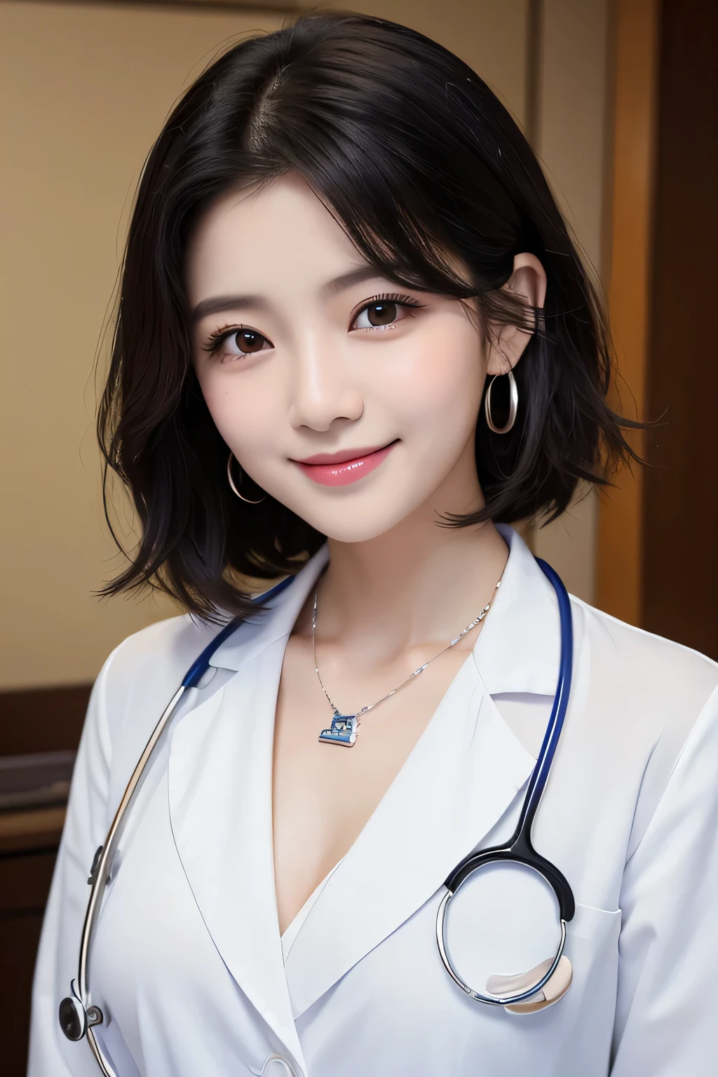 Beautiful young woman、 Korean women、Black Hair、Necklace around the neck、White、Closed Mouth Smile、Big Breasts、Doctor's clothing、Stethoscope、Wavy Hair、short hair、Intricate details, Very detailed:1.2), 、 Looking into the camera,The background is the inspection room..、ear piercing
