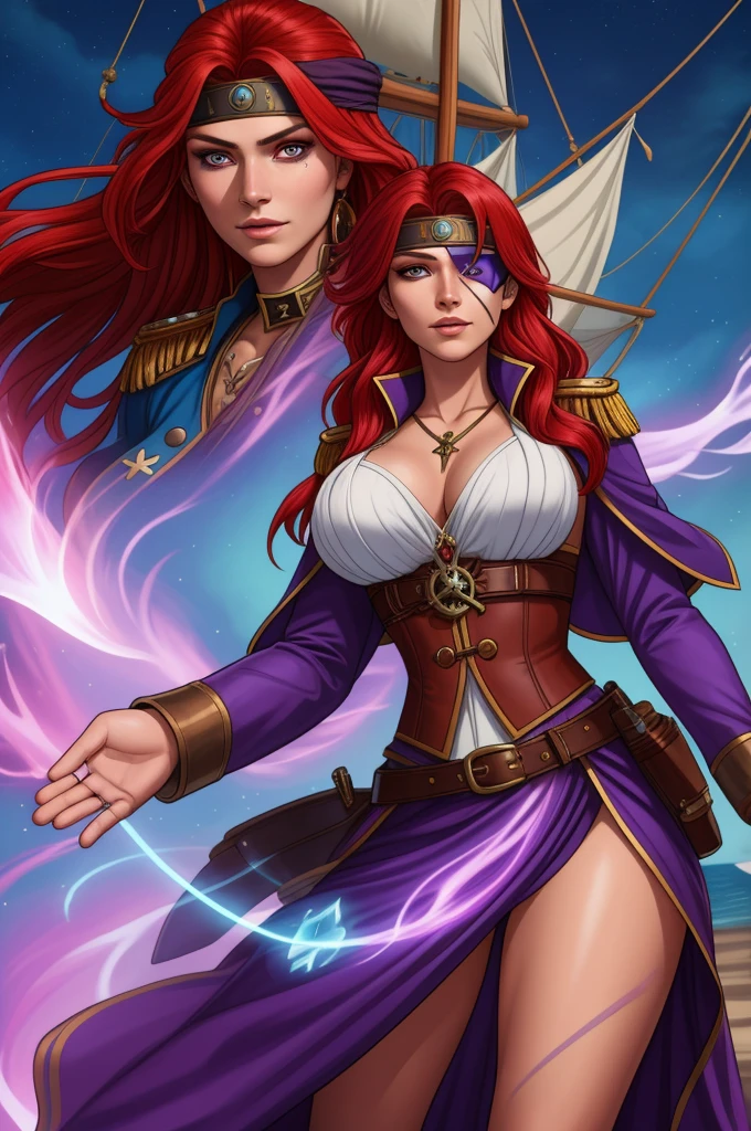 Imagine a dynamic portrait of Captain Alexandra Nelly, a fearless sky pirate hunter with a vibrant and complex background. She stands confidently, embodying both her human and mystical air spirit heritage. Her bright red hair, infused with streaks of purple, flows freely, symbolizing her wild spirit and connection to the sky. Her facial expression is determined and fierce, marked by a significant slash across one side of her face, a remnant of a pirate attack. This injury has left her with a unique eye that glows with a soft blue magic, a direct link to her air spirit mother. Though she often covers this magical eye with an eye patch, for this portrait, we see the glow peeking out, hinting at her ability to see magic directly. She's dressed in attire befitting her role as a captain who hunts pirates and frees slaves, blending practicality with the flair of high adventure. Her outfit is a mix of rugged leather and flowing fabrics, suggesting both her toughness and her connection to the air. Around her, the hint of a magical, ethereal ship suggests her quest to find her father and the living ship named after her mother, highlighting her deep personal stakes in her adventures across the sky islands full body shot