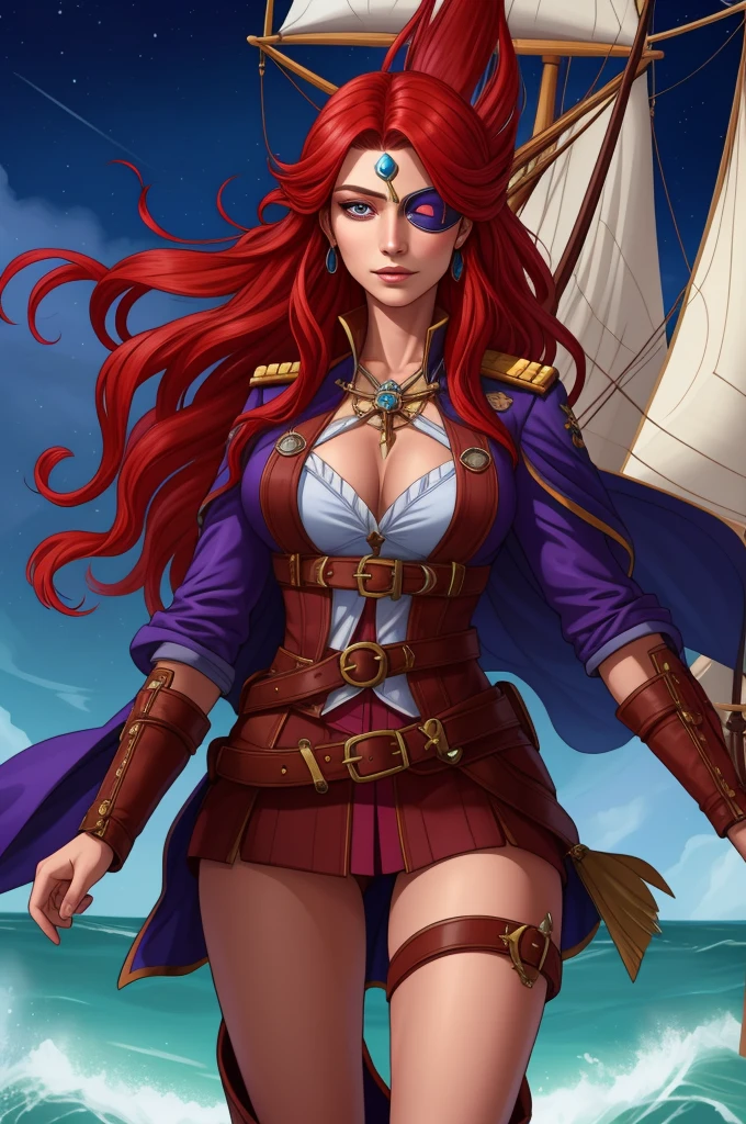 Imagine a dynamic portrait of Captain Alexandra Nelly, a fearless sky pirate hunter with a vibrant and complex background. She stands confidently, embodying both her human and mystical air spirit heritage. Her bright red hair, infused with streaks of purple, flows freely, symbolizing her wild spirit and connection to the sky. Her facial expression is determined and fierce, marked by a significant slash across one side of her face, a remnant of a pirate attack. This injury has left her with a unique eye that glows with a soft blue magic, a direct link to her air spirit mother. Though she often covers this magical eye with an eye patch, for this portrait, we see the glow peeking out, hinting at her ability to see magic directly. She's dressed in attire befitting her role as a captain who hunts pirates and frees slaves, blending practicality with the flair of high adventure. Her outfit is a mix of rugged leather and flowing fabrics, suggesting both her toughness and her connection to the air. Around her, the hint of a magical, ethereal ship suggests her quest to find her father and the living ship named after her mother, highlighting her deep personal stakes in her adventures across the sky islands full body shot